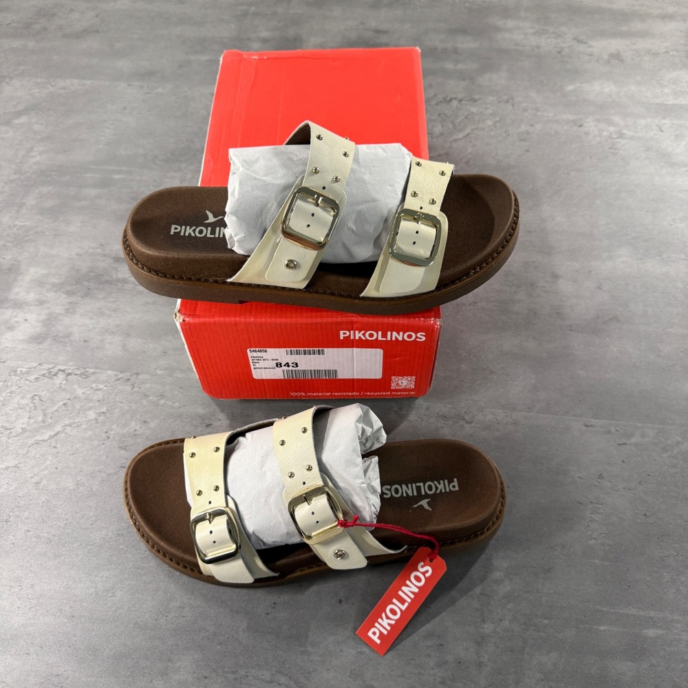 Pikolinos Buckle Flat Sandals Womens 10-10.5 Aitana Cream Leather Studded $170